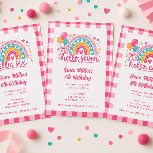 Hello Six Girl's Gingham Rainbow Birthday Party  Invitation