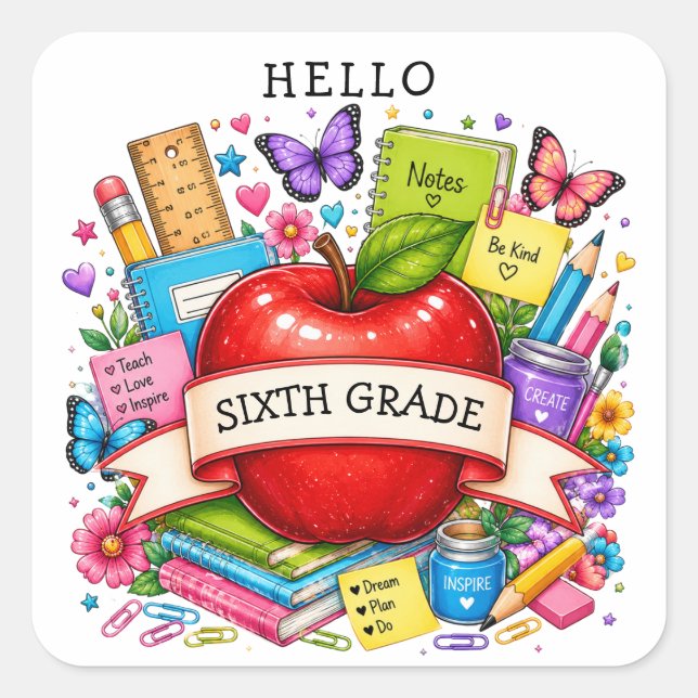 Hello Sixth Grade Retro Apple Square Sticker (Front)