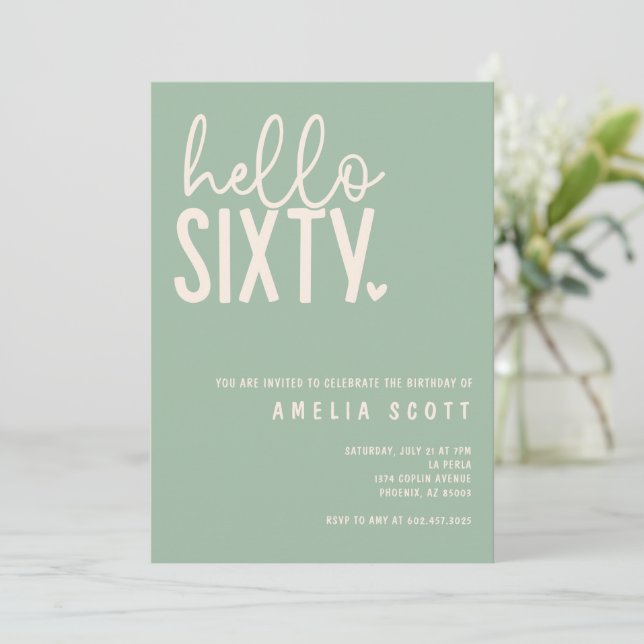 Hello Sixty 60th Birthday Modern Sage Minimal Invitation (Standing Front)