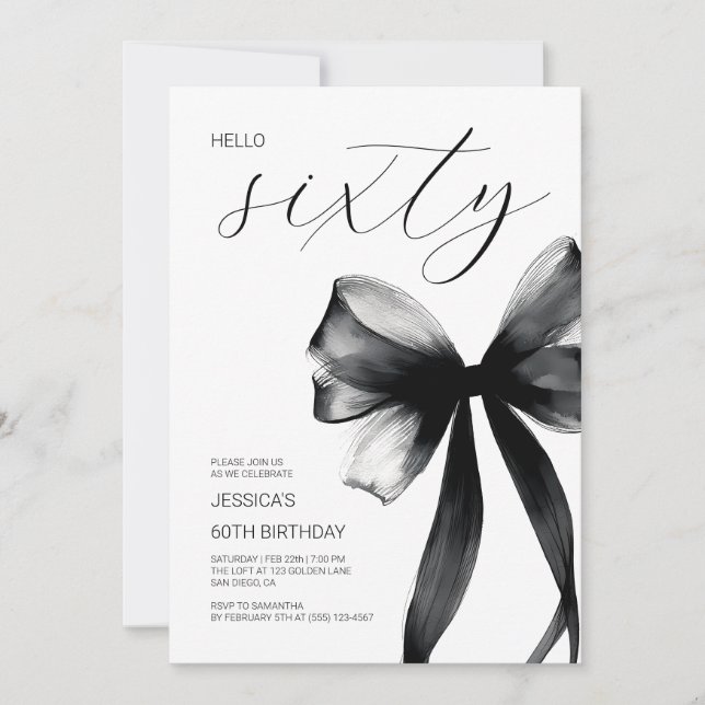 Hello Sixty Elegant Script Bow 60th Birthday Party Invitation (Front)