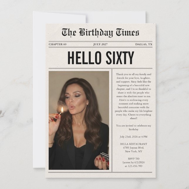 Hello Sixty Photo Newspaper 60th Birthday Invitation (Front)
