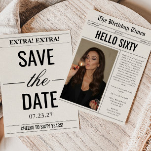 Hello Sixty Photo Newspaper 60th Birthday Invitation