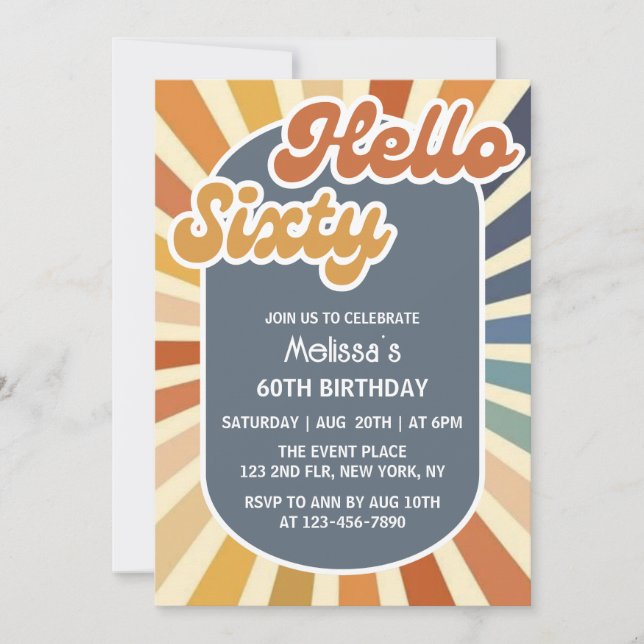 Hello Sixty Retro Sun Groovy Wave 60th Birthday Invitation (Front)