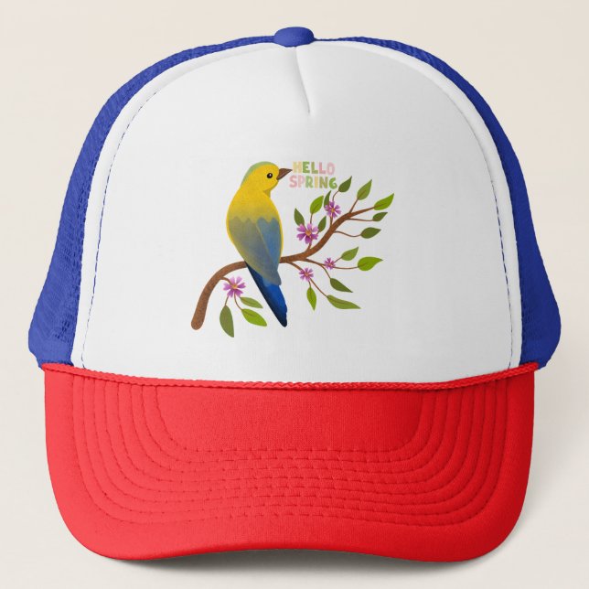 Hello Spring Bird on Branch Hat for Nature Lover (Front)