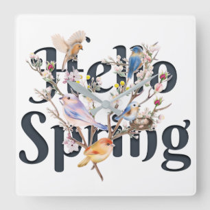 Hello Spring Birds Square Wall Clock