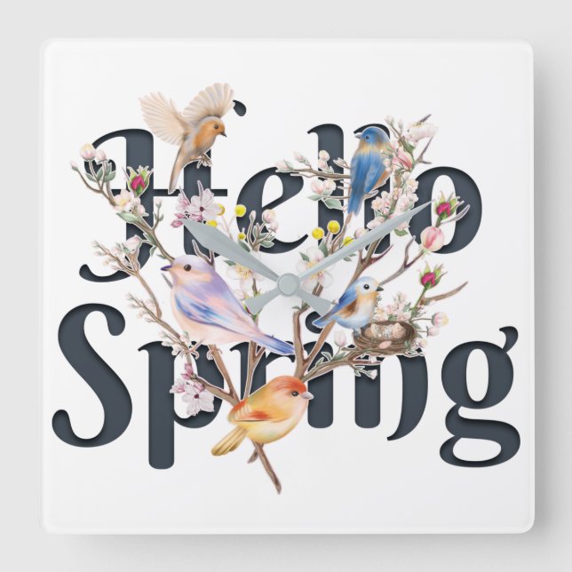 Hello Spring Birds Square Wall Clock (Front)