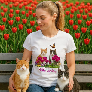 Hello Spring Cats in Tulip Flower Garden T-Shirt
