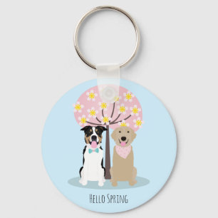 Hello Spring Dogs By Cherry Blossom Tree Key Ring