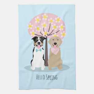 Hello Spring Dogs By Cherry Blossom Tree Tea Towel