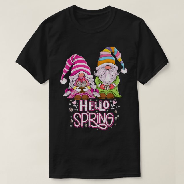 Hello Spring floral Gnomes couple Daisy Flowers sp T-Shirt (Design Front)