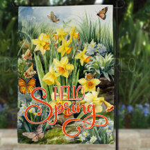 Hello Spring Garden Flag - Daffodils Butterflies
