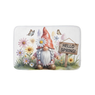 Hello Spring Garden Gnome: Cute Gnome with Braids Bath Mat