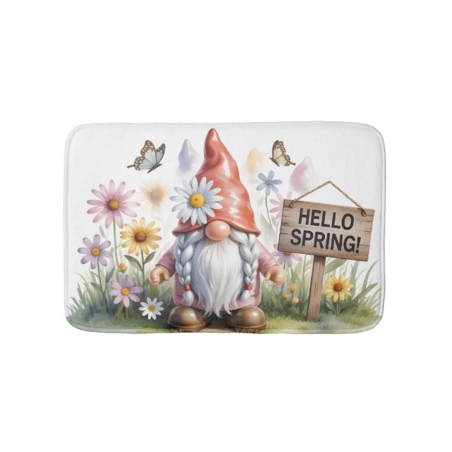 Hello Spring Garden Gnome: Cute Gnome with Braids Bath Mat (Front)