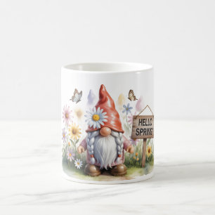 Hello Spring Garden Gnome: Cute Gnome with Braids Coffee Mug