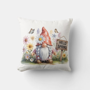 Hello Spring Garden Gnome: Cute Gnome with Braids Cushion