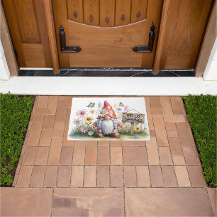 Hello Spring Garden Gnome: Cute Gnome with Braids Doormat