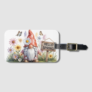 Hello Spring Garden Gnome: Cute Gnome with Braids Luggage Tag
