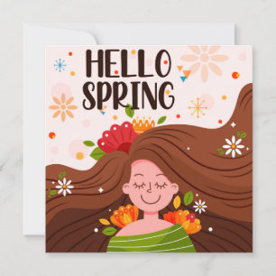 Hello Spring Girl Flowers Greeting Card