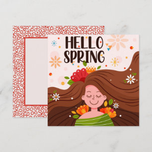 Hello Spring Girl Flowers Greeting Card