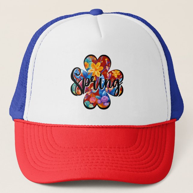 Hello Spring Happiness Time, Floral Modern Trucker Hat (Front)