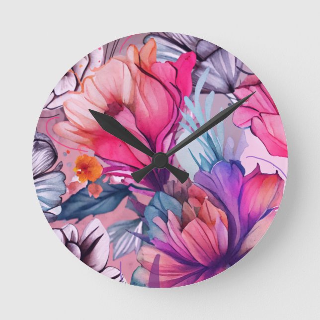 Hello Spring Happiness Time, Floral Pink Butterfly Round Clock (Front)
