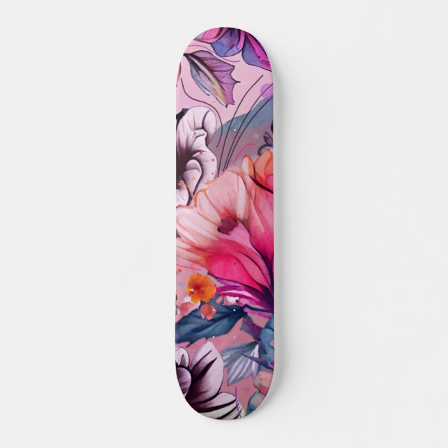 Hello Spring Happiness Time, Floral Watercolor Skateboard (Front)