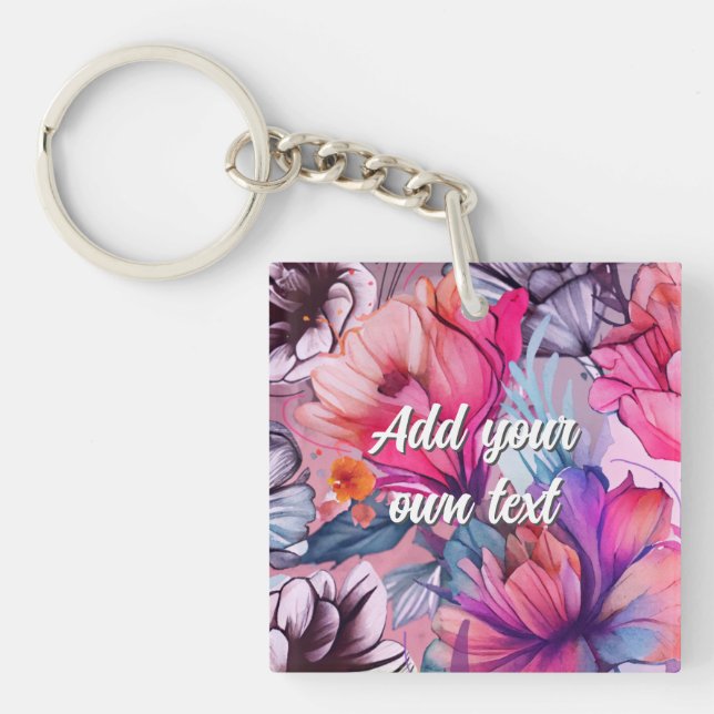 Hello Spring Happiness Time, Pink Butterfly Flower Key Ring (Front)