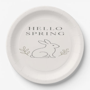 Hello Spring Minimal Bunny Line Art Paper Plate
