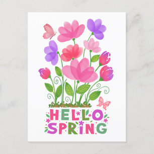 Hello Spring Pink and Purple Flowers & Butterflies Postcard
