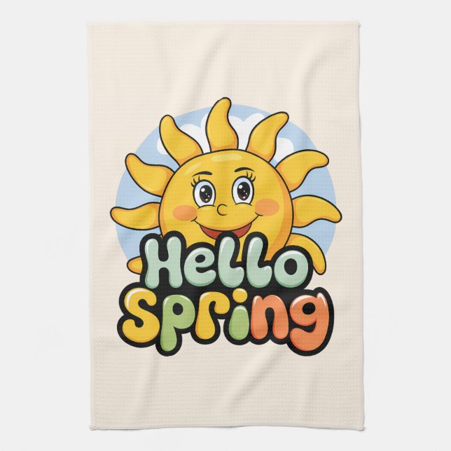 Hello Spring: Smiling Sun and Blue Sky Tea Towel (Vertical)