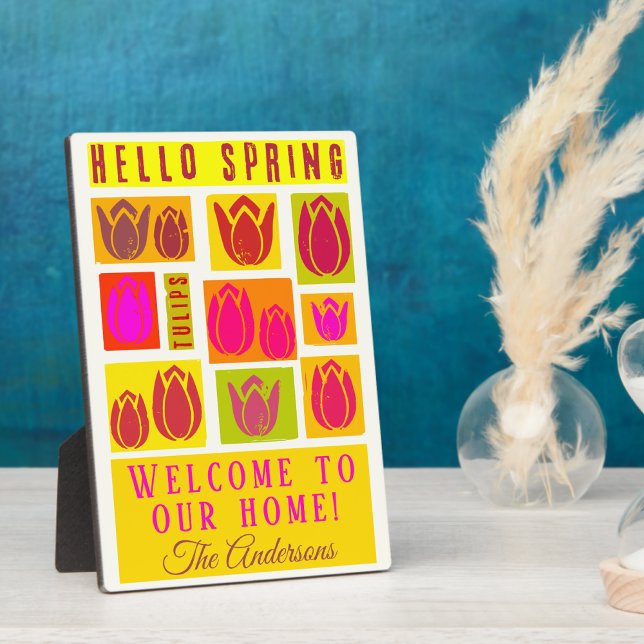 Hello spring tulips welcome sign Tabletop Plaque (Creator Uploaded)