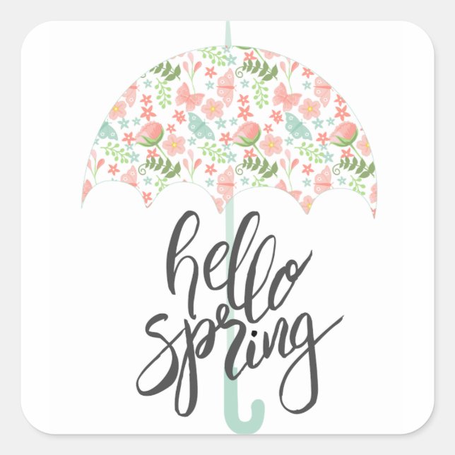 Hello Spring Umbrella Square Sticker (Front)