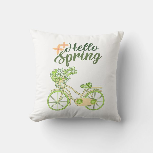 Hello Spring Vintage Bicycle Illustration  Cushion (Front)