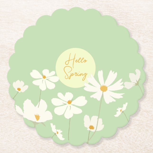Hello Spring white cosmos flowers yellow centre Paper Coaster (Front)