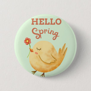 HELLO Spring Yellow Baby Bird Holding Flower 6 Cm Round Badge