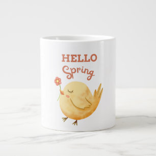 HELLO Spring Yellow Baby Bird Holding Flower  Large Coffee Mug