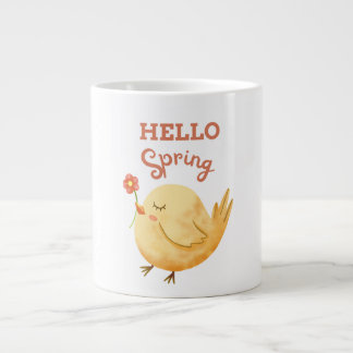 HELLO Spring Yellow Baby Bird Holding Flower Large Coffee Mug