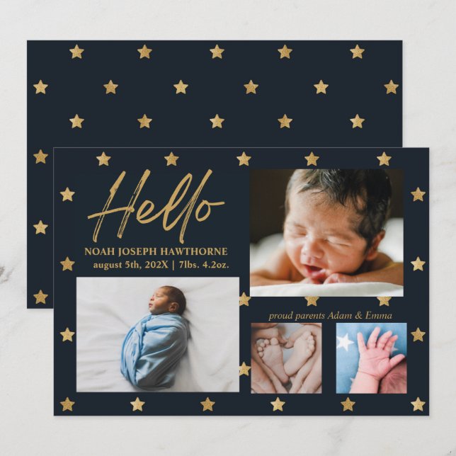 "Hello" star navy chic 4 Photo Baby Announcement (Front/Back)