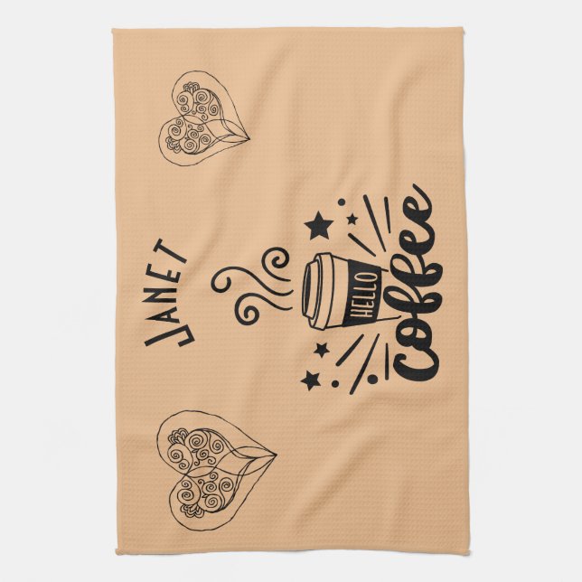 Hello Steaming Coffee Personalised With Hearts Tea Towel (Vertical)