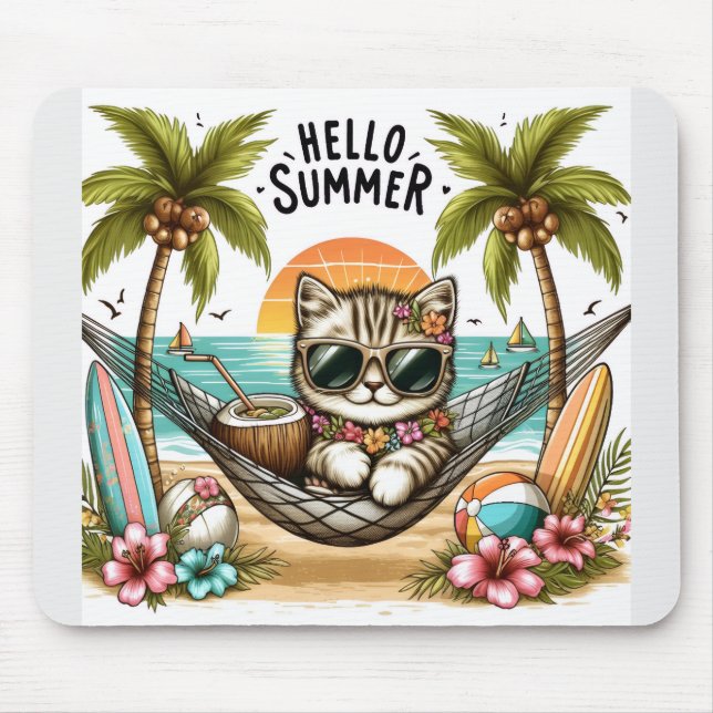 Hello Summer Beach Cat Mouse Mat (Front)