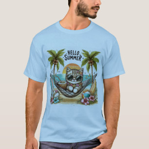 Hello Summer Beach Cat T-Shirt