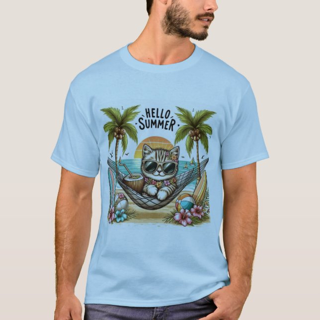 Hello Summer Beach Cat T-Shirt (Front)