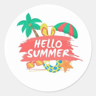 Hello Summer Beach Design Tropical Vacation Illu Classic Round Sticker