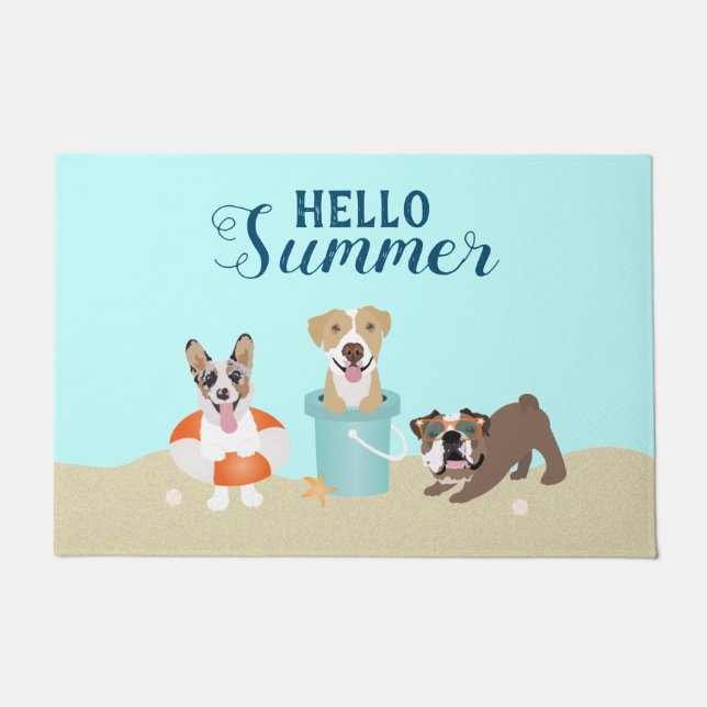 Hello Summer Beach Dogs Blue Doormat (Front)
