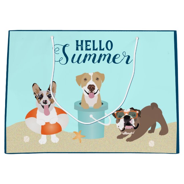Hello Summer Beach Dogs Blue Large Gift Bag (Front)
