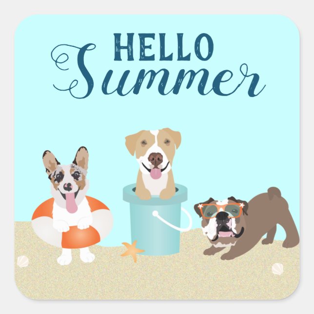 Hello Summer Beach Dogs Blue Orange Square Sticker (Front)