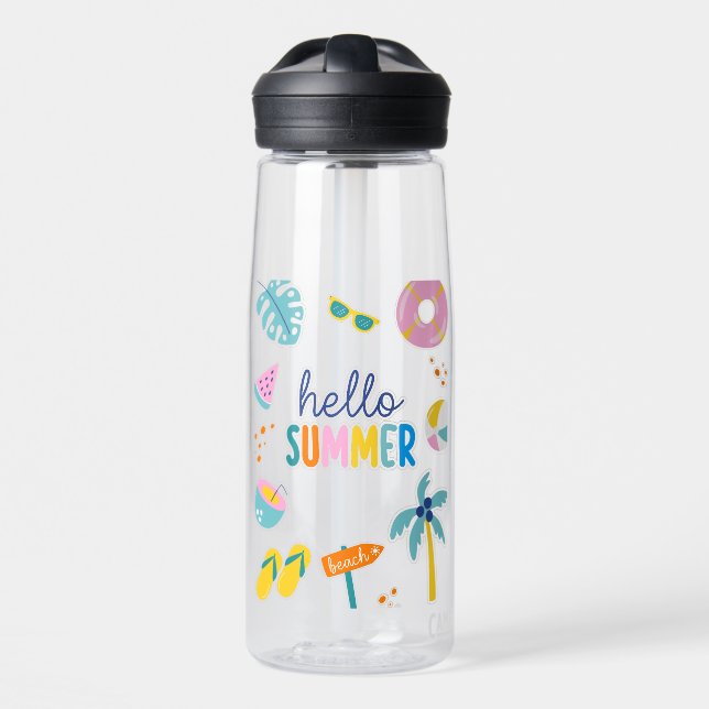 Hello Summer Beach Fun Retro Design Water Bottle (Front)