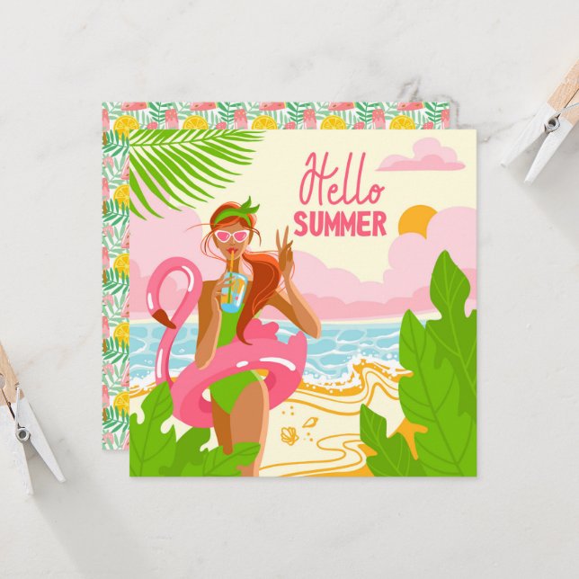 Hello Summer Beach Girl Greeting Card (Front/Back In Situ)