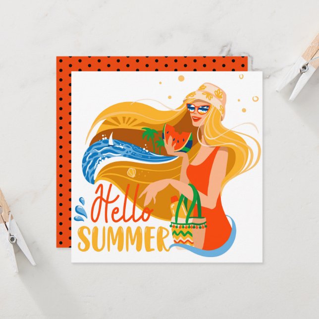Hello Summer Beach Girl Greeting Card (Front/Back In Situ)