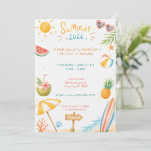 Hello Summer Beach Party Watercolor Celebration Invitation